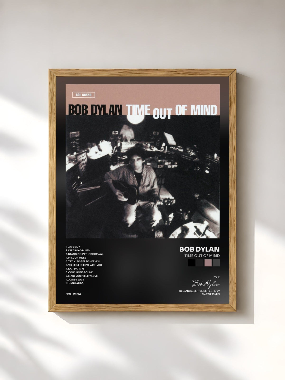 #bois Tableau de l'album Time Out Of Mind de Bob Dylan, cadre en bois brut, imprimé et encadré en France