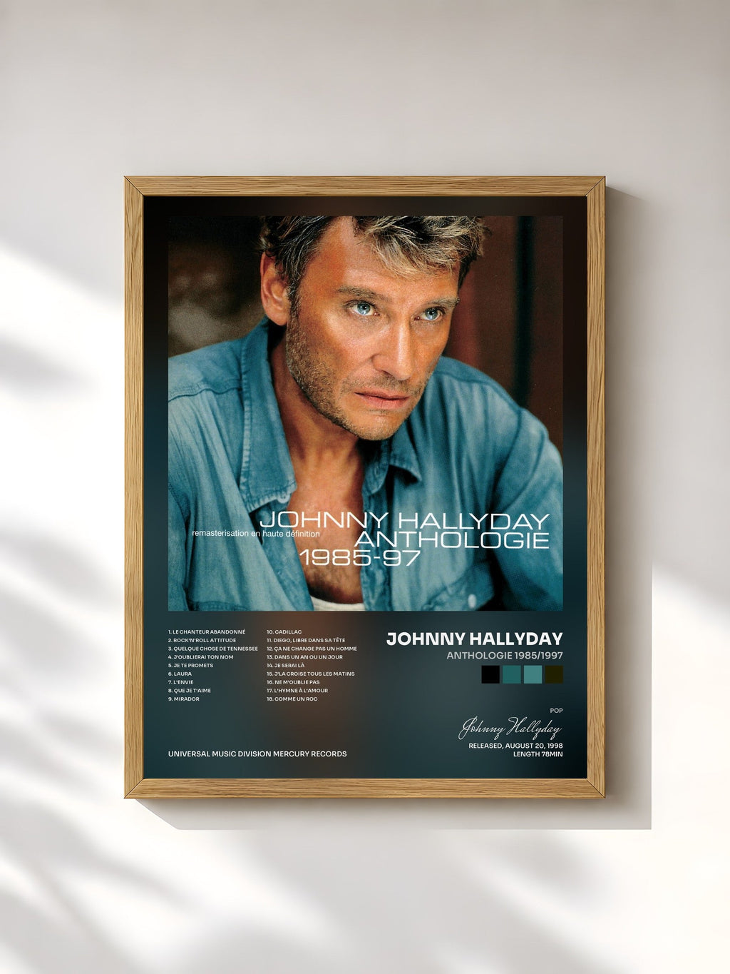 #bois Tableau de l'album Anthologie 1985/1997 de Johnny Hallyday, cadre en bois brut, imprimé et encadré en France