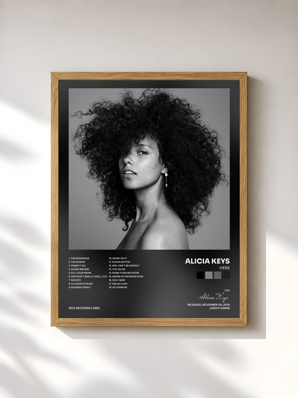 #bois Tableau de l'album HERE de Alicia Keys, cadre en bois brut, imprimé et encadré en France