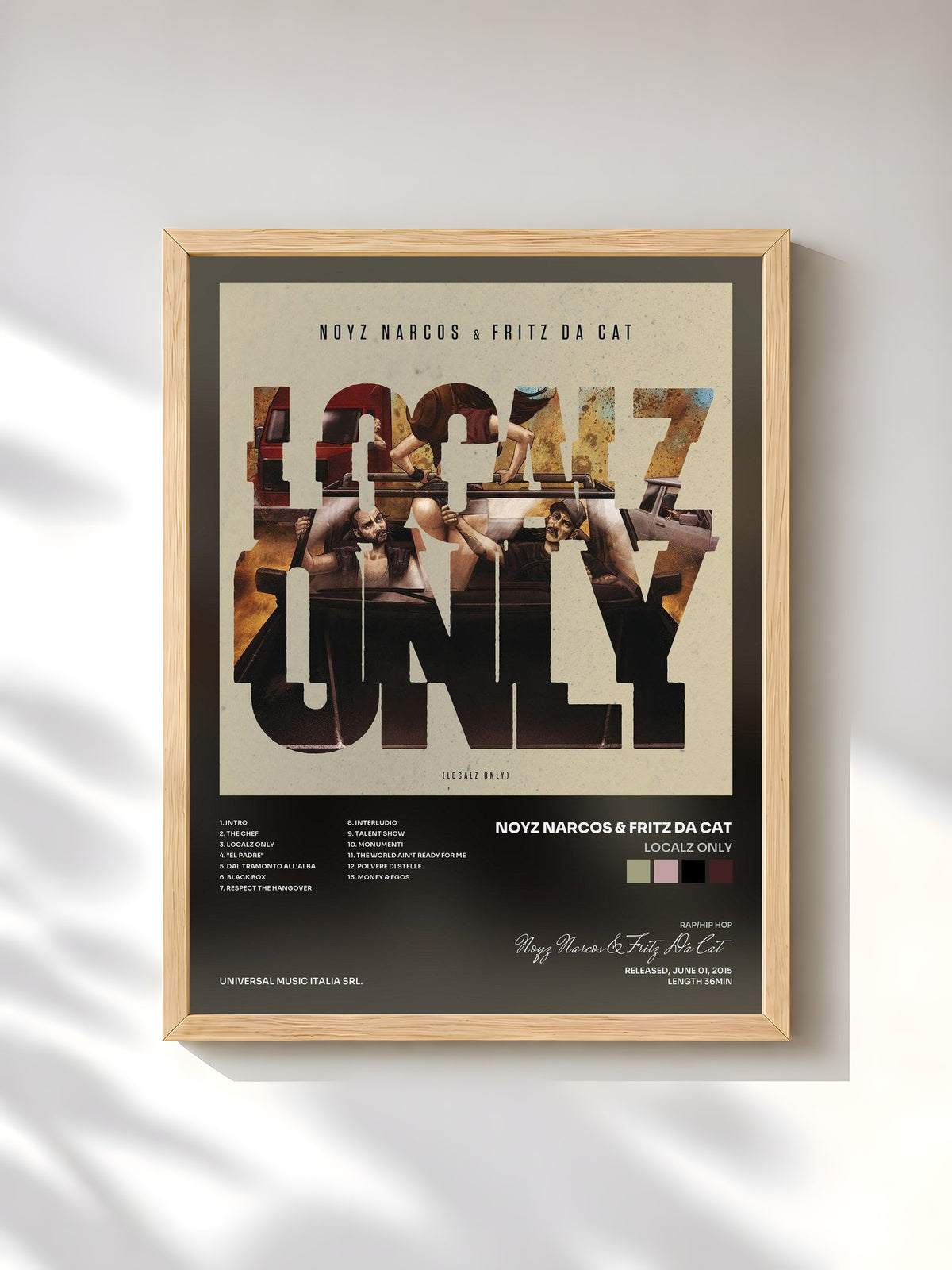 #bois Tableau de l'album Localz Only de Noyz Narcos & Fritz Da Cat, cadre en bois brut, imprimé et encadré en France