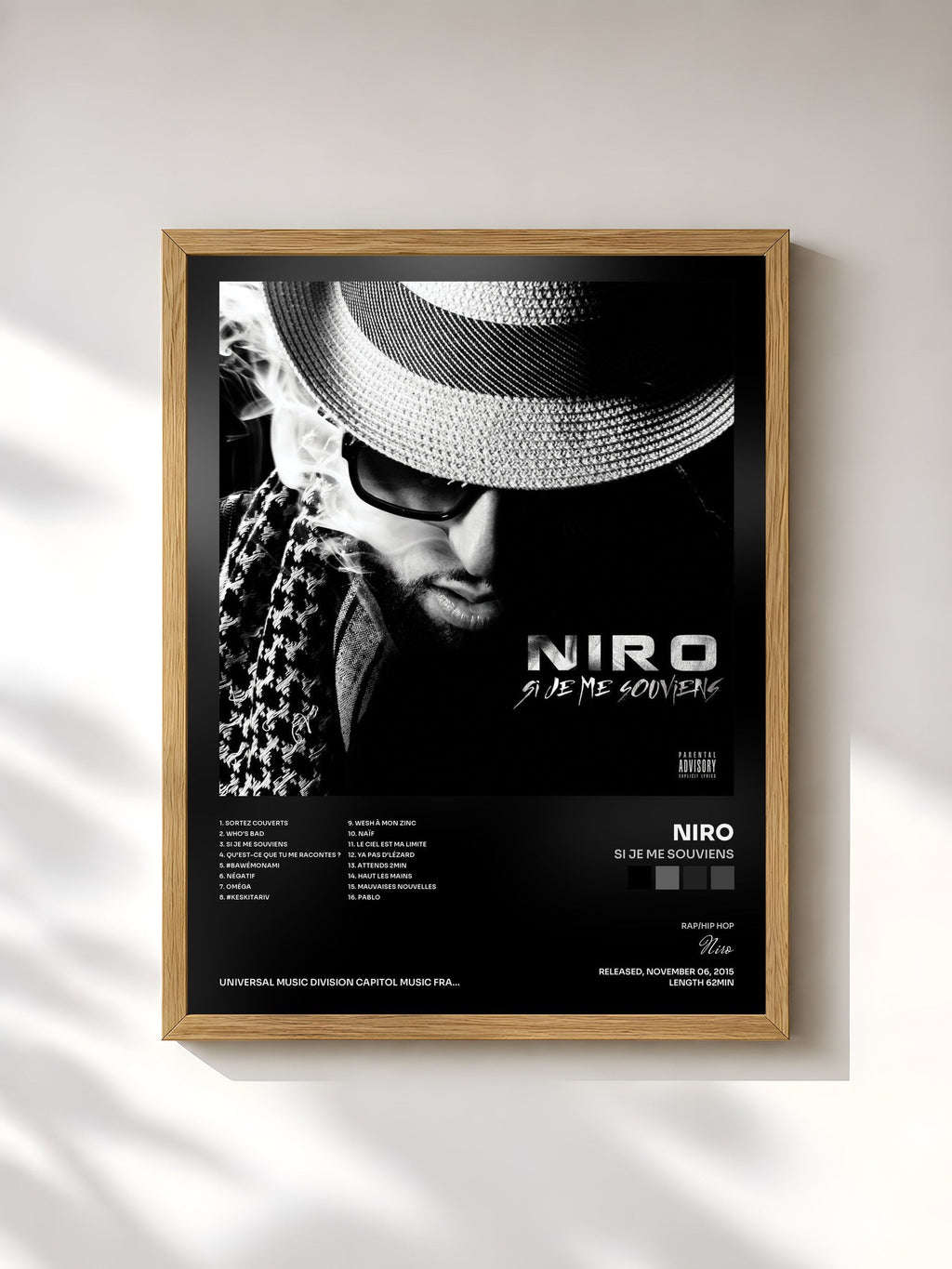 #bois Tableau de l'album Si je me souviens de Niro, cadre en bois brut, imprimé et encadré en France