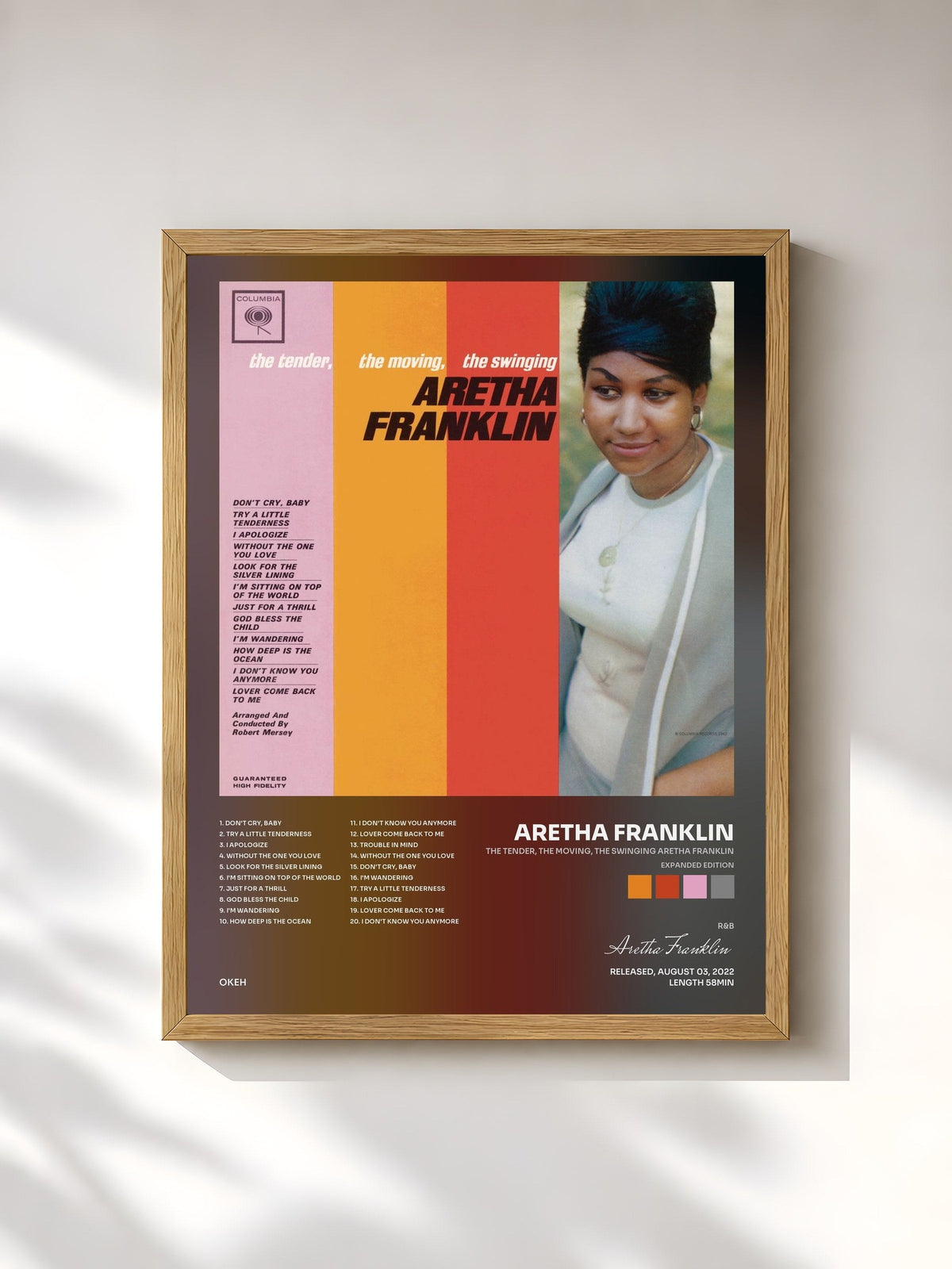 #bois Tableau de l'album The Tender, The Moving, The Swinging Aretha Franklin (Expanded Edition) de Aretha Franklin, cadre en bois brut, imprimé et encadré en France