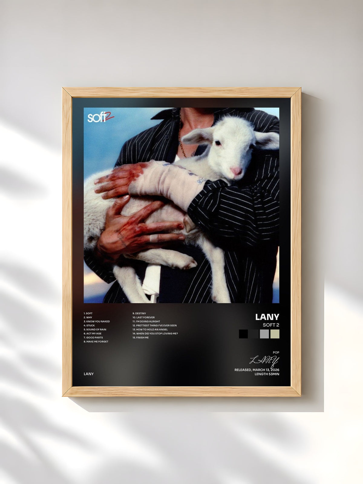 #bois Tableau de l'album Soft 2 de LANY, cadre en bois brut, imprimé et encadré en France