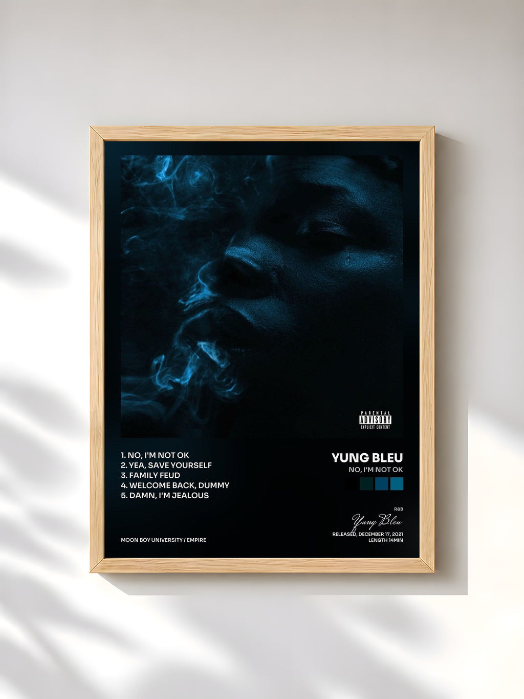 #bois Tableau de l'album No, I'm Not Ok de Yung Bleu, cadre en bois brut, imprimé et encadré en France