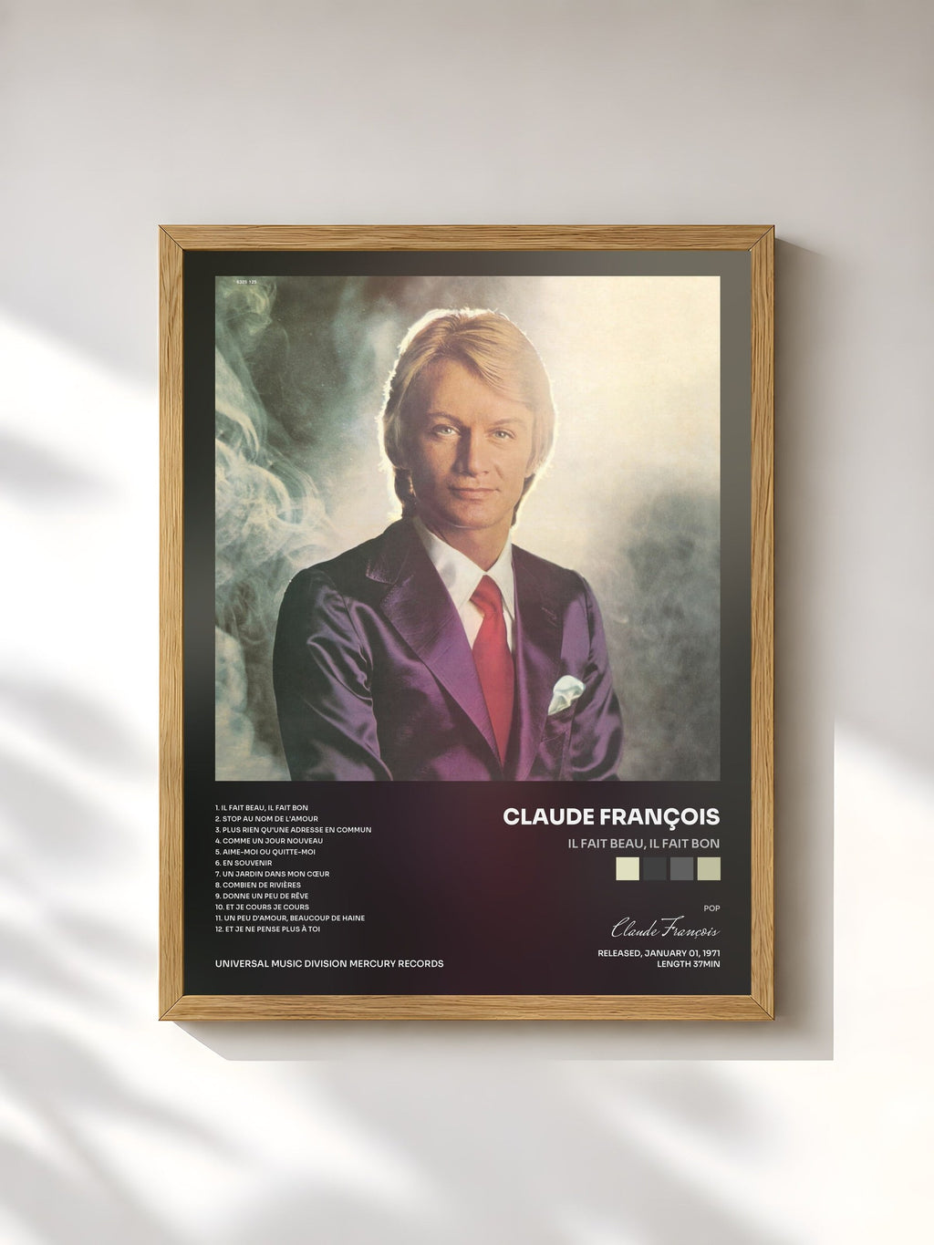 #bois Tableau de l'album Il fait beau, il fait bon de Claude François, cadre en bois brut, imprimé et encadré en France