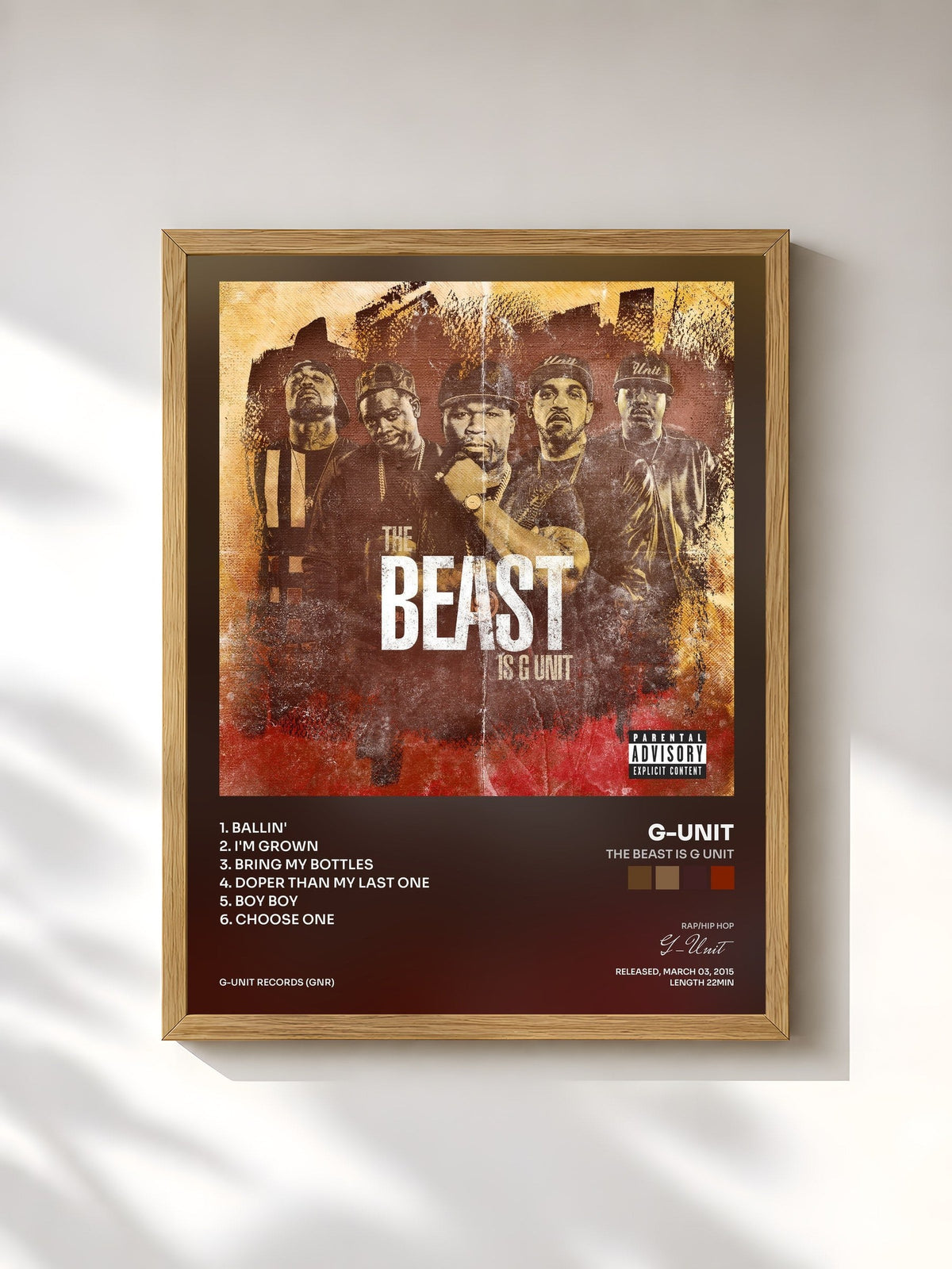 #bois Tableau de l'album The Beast Is G Unit de G-Unit, cadre en bois brut, imprimé et encadré en France