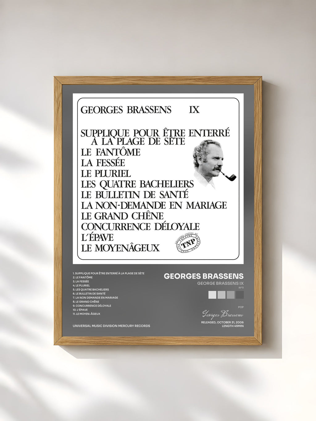 #bois Tableau de l'album George Brassens IX (N°11) Supplique pour être enterré à la plage de Sète de Georges Brassens, cadre en bois brut, imprimé et encadré en France