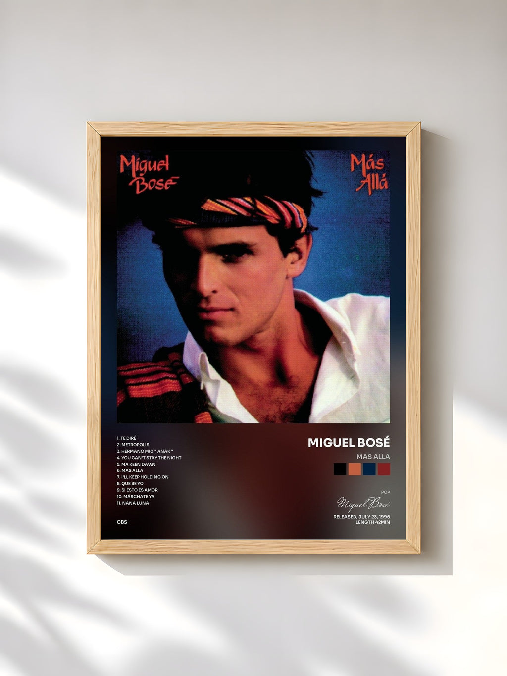 #bois Tableau de l'album Mas Alla de Miguel Bosé, cadre en bois brut, imprimé et encadré en France