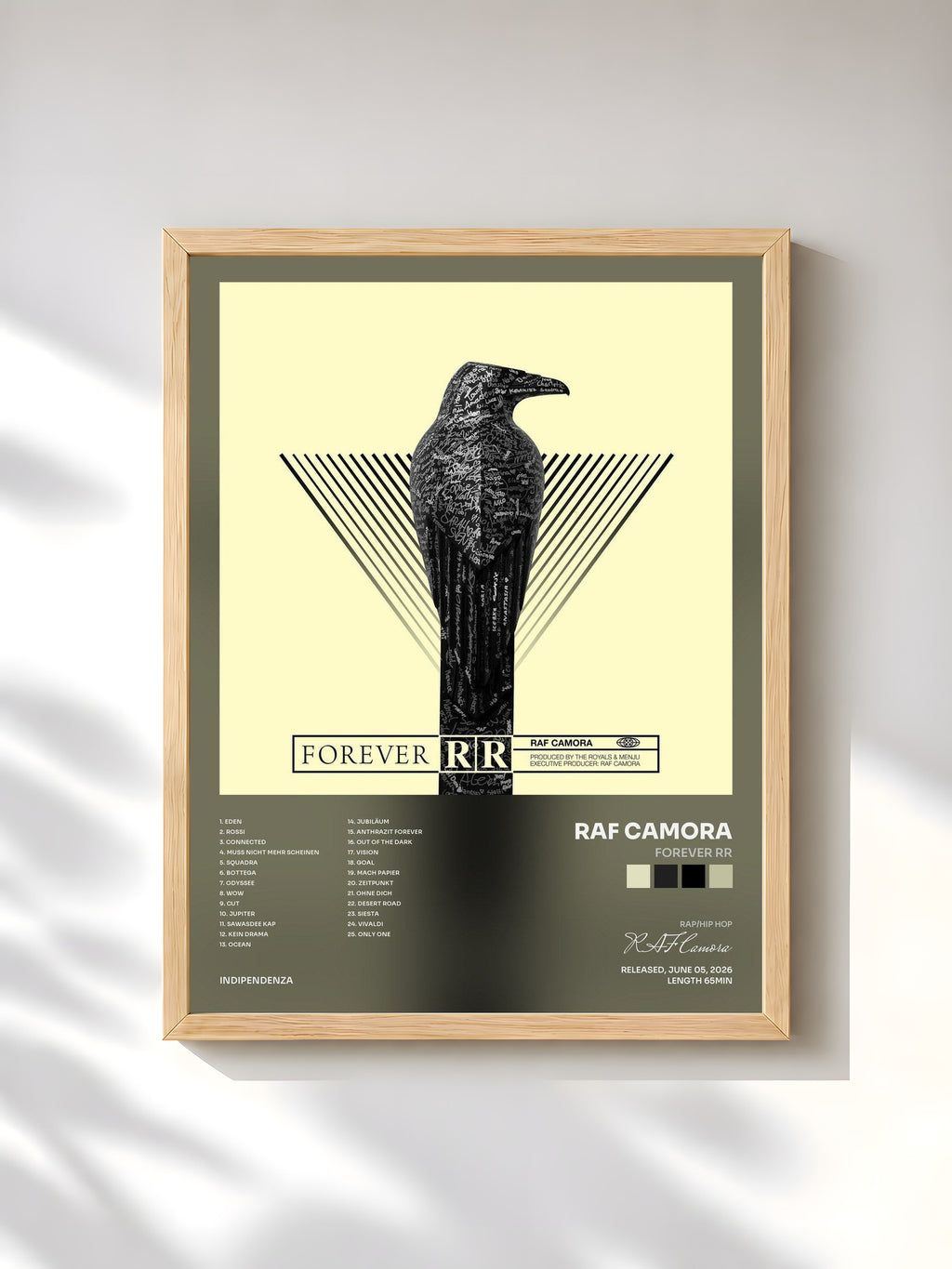 #bois Tableau de l'album FOREVER RR de RAF Camora, cadre en bois brut, imprimé et encadré en France