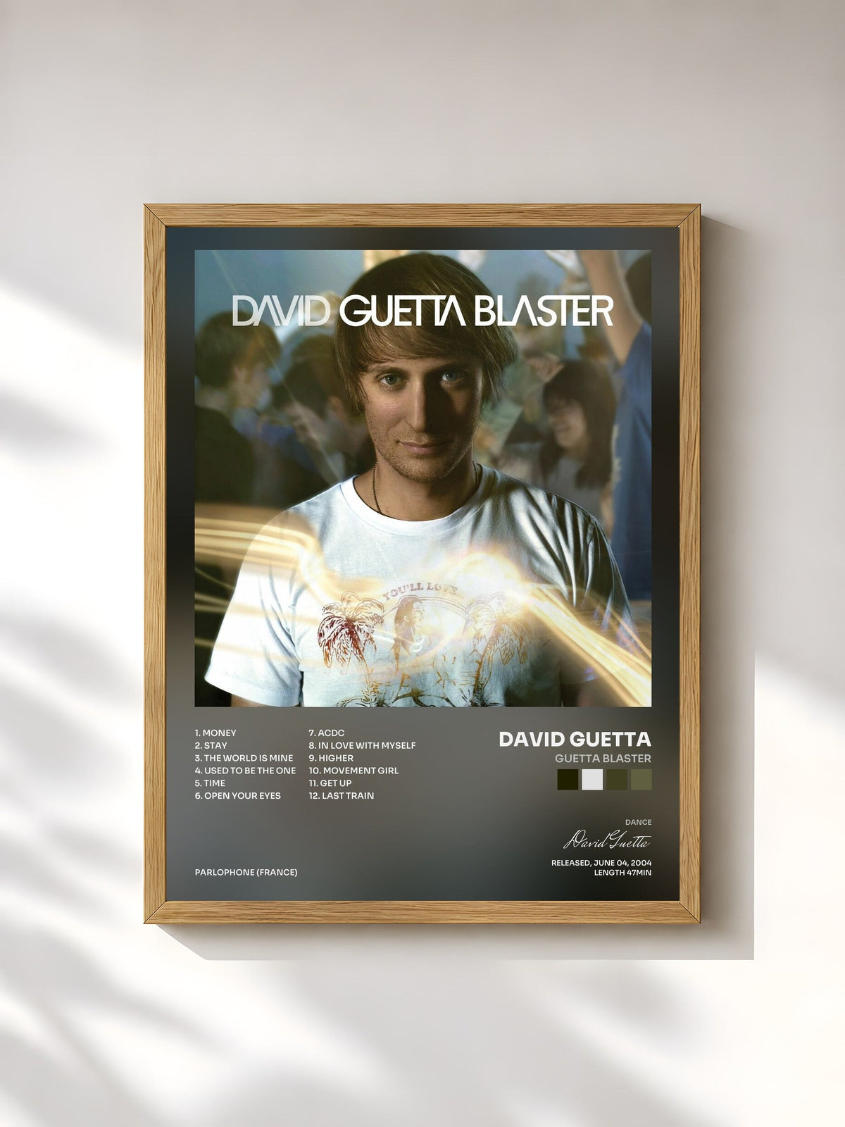 #bois Tableau de l'album Guetta Blaster de David Guetta, cadre en bois brut, imprimé et encadré en France
