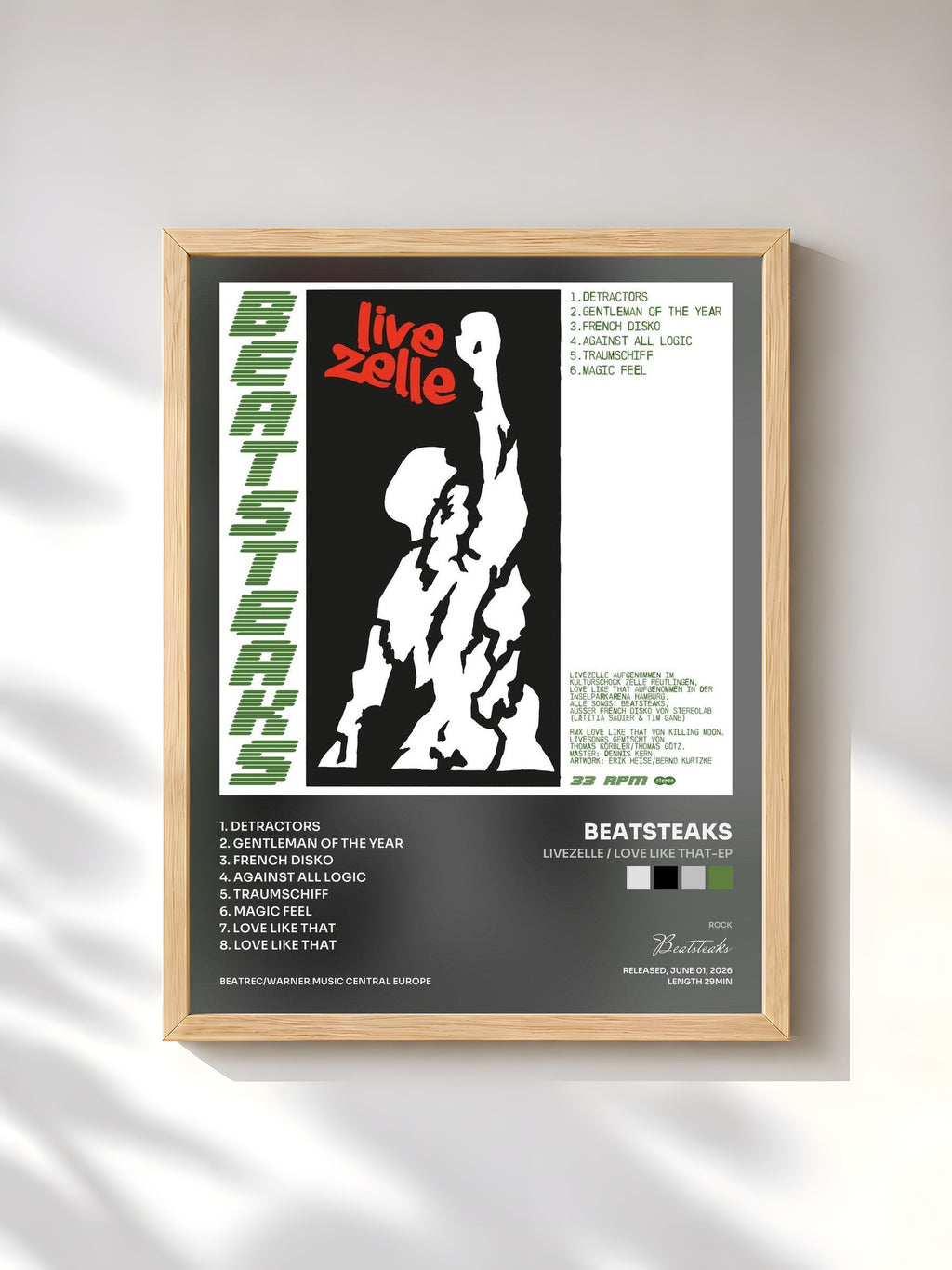 #bois Tableau de l'album LIVEZELLE / Love Like That-EP de Beatsteaks, cadre en bois brut, imprimé et encadré en France