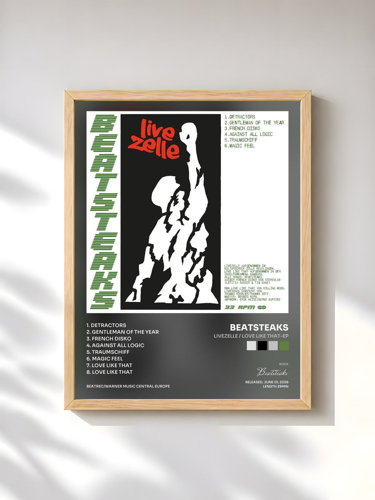 #bois Tableau de l'album LIVEZELLE / Love Like That-EP de Beatsteaks, cadre en bois brut, imprimé et encadré en France