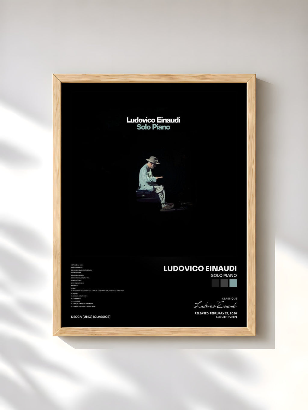 #bois Tableau de l'album Solo Piano de Ludovico Einaudi, cadre en bois brut, imprimé et encadré en France