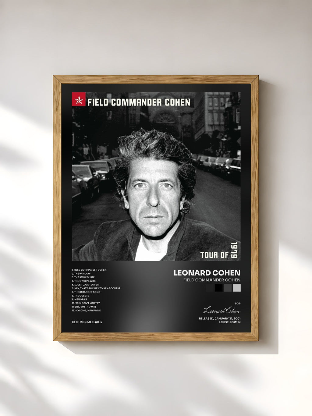 #bois Tableau de l'album Field Commander Cohen de Leonard Cohen, cadre en bois brut, imprimé et encadré en France