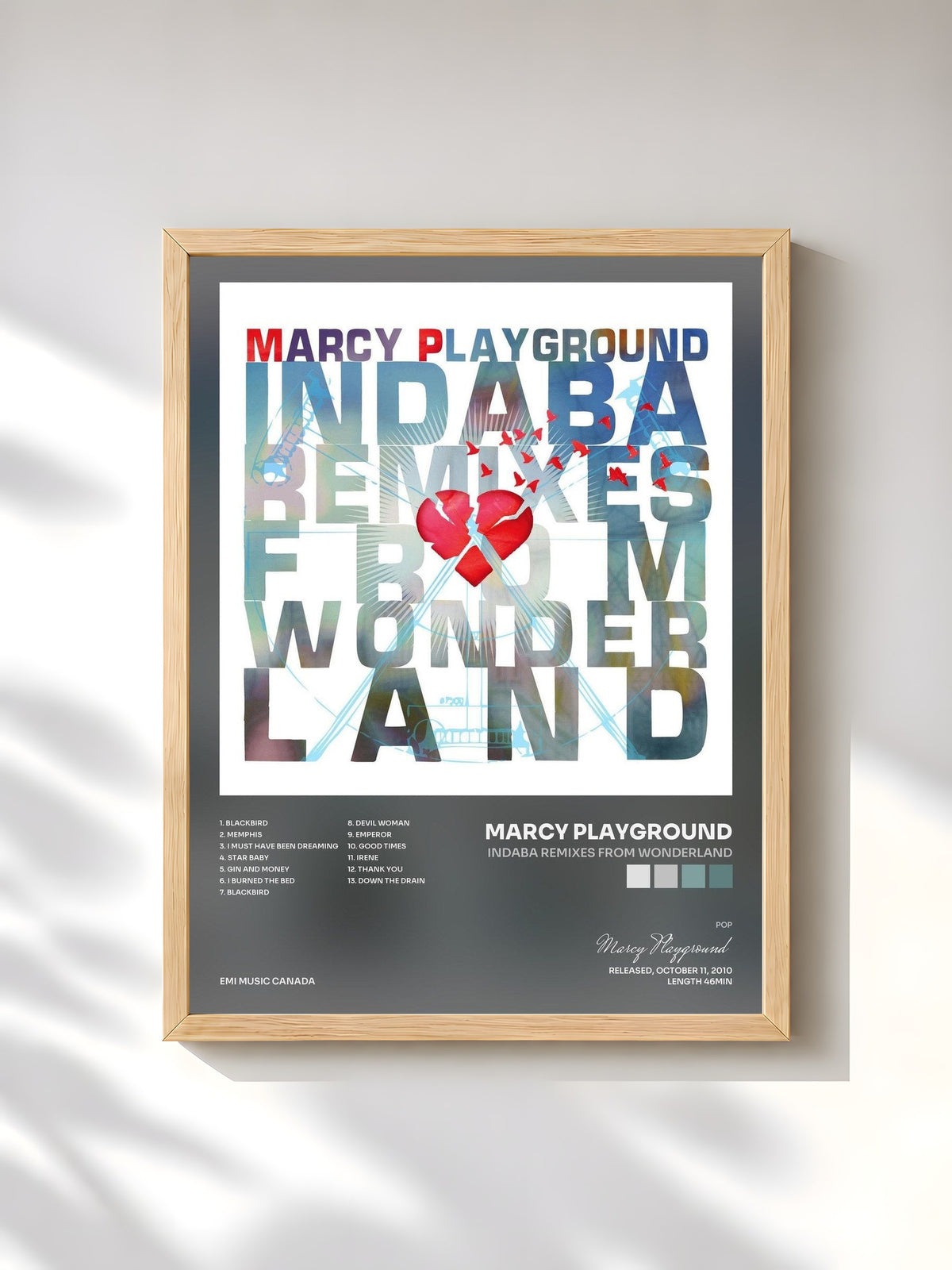 #bois Tableau de l'album Indaba Remixes From Wonderland de Marcy Playground, cadre en bois brut, imprimé et encadré en France