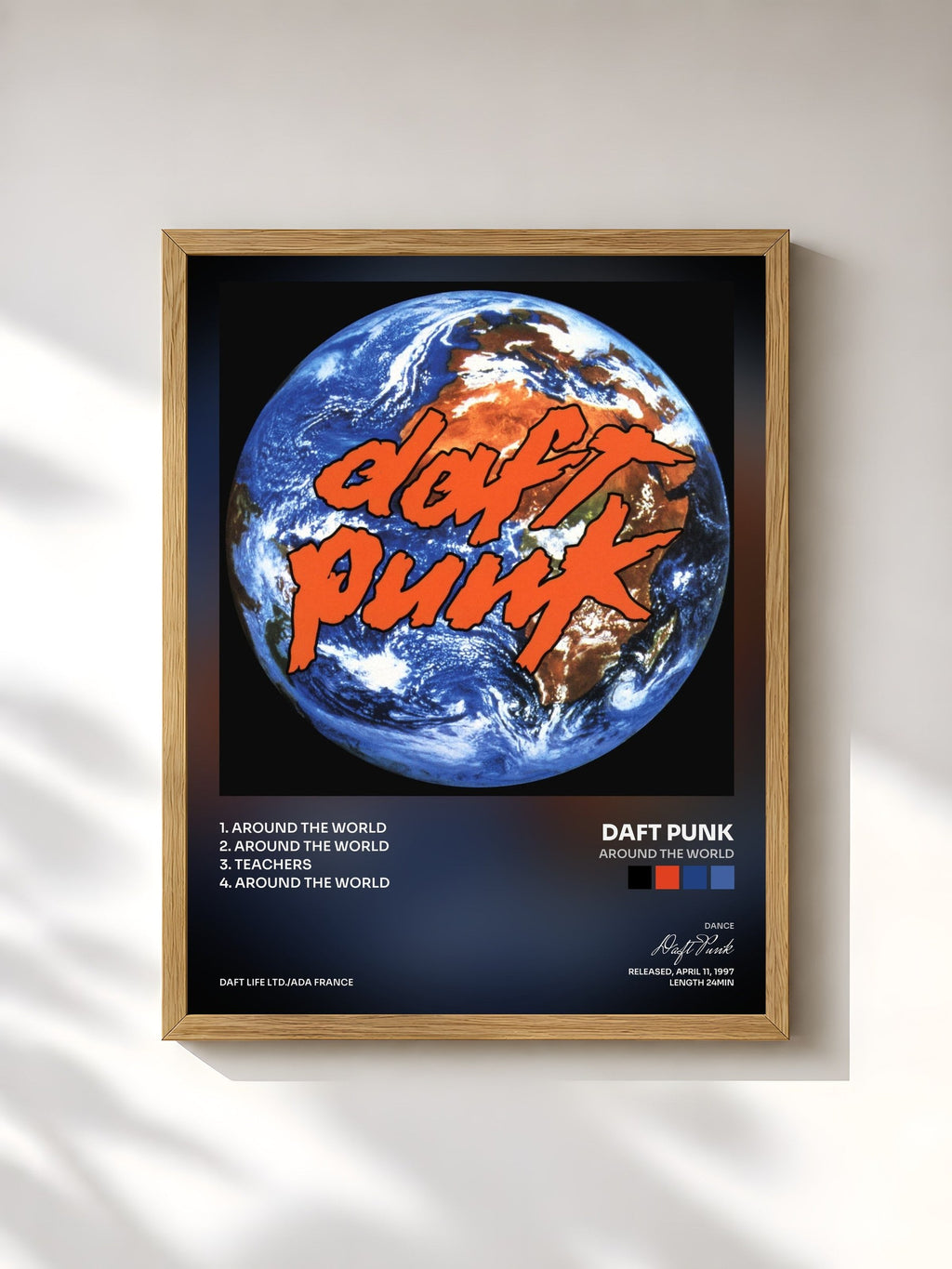#bois Tableau de l'album Around the World de Daft Punk, cadre en bois brut, imprimé et encadré en France