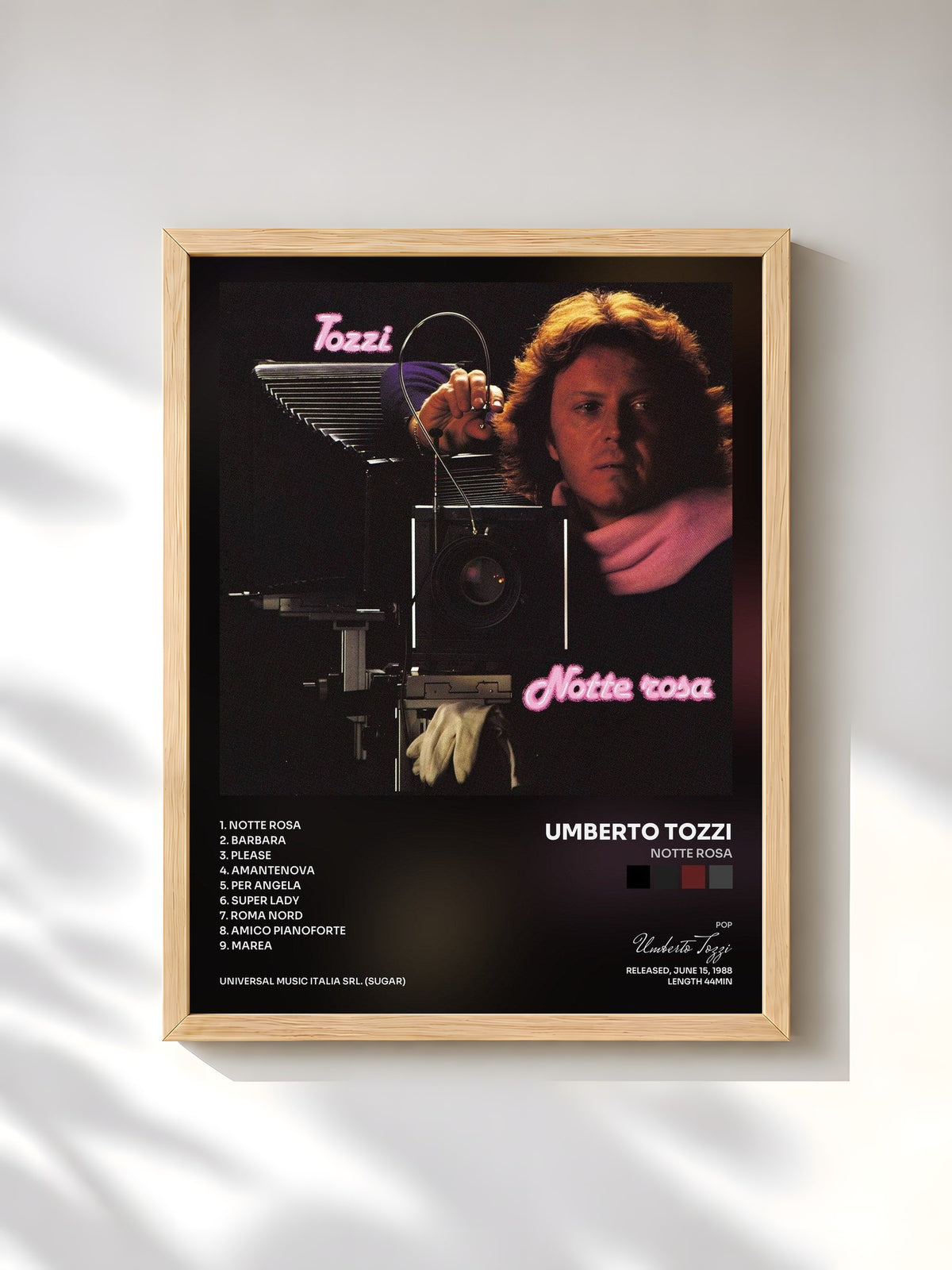 #bois Tableau de l'album Notte rosa de Umberto Tozzi, cadre en bois brut, imprimé et encadré en France