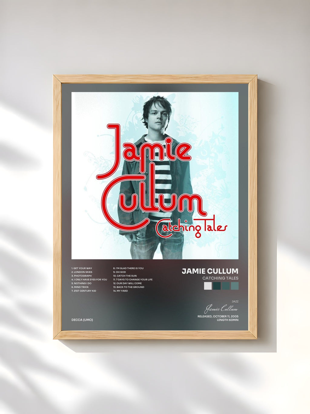 #bois Tableau de l'album Catching Tales de Jamie Cullum, cadre en bois brut, imprimé et encadré en France