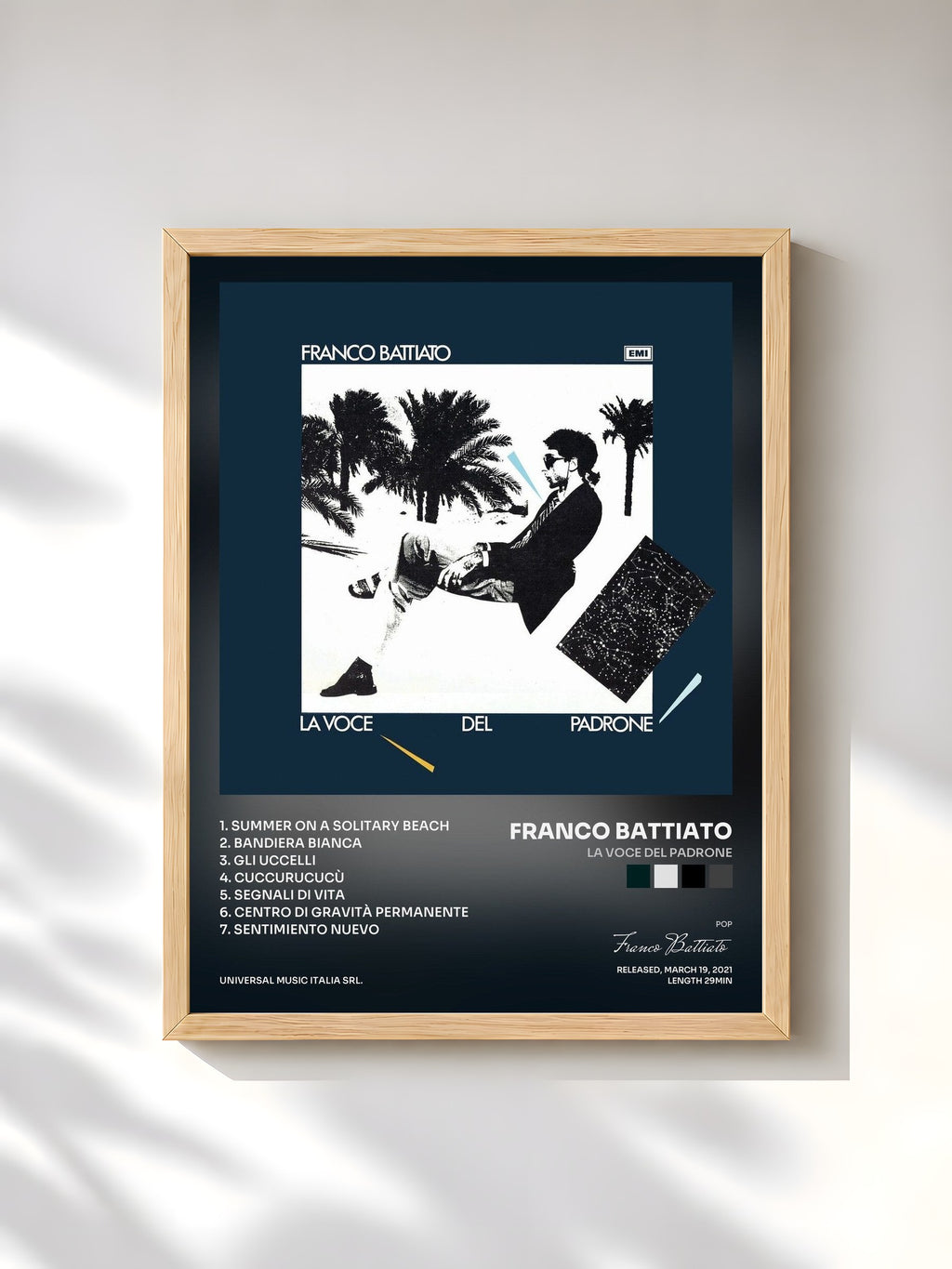 #bois Tableau de l'album La Voce Del Padrone de Franco Battiato, cadre en bois brut, imprimé et encadré en France