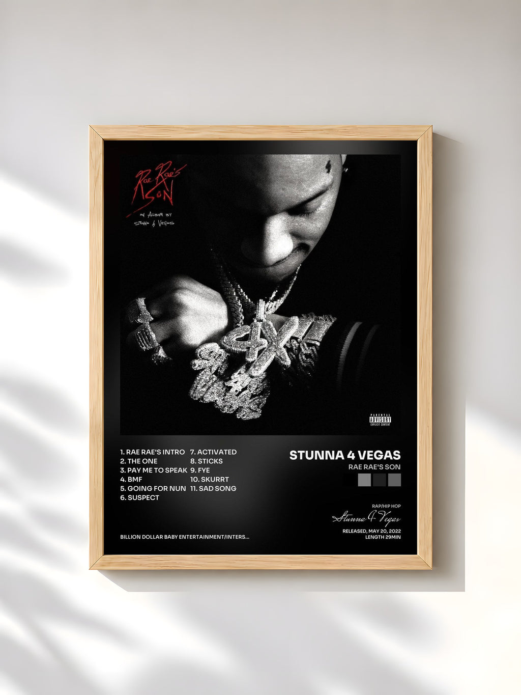 #bois Tableau de l'album Rae Rae's Son de Stunna 4 Vegas, cadre en bois brut, imprimé et encadré en France