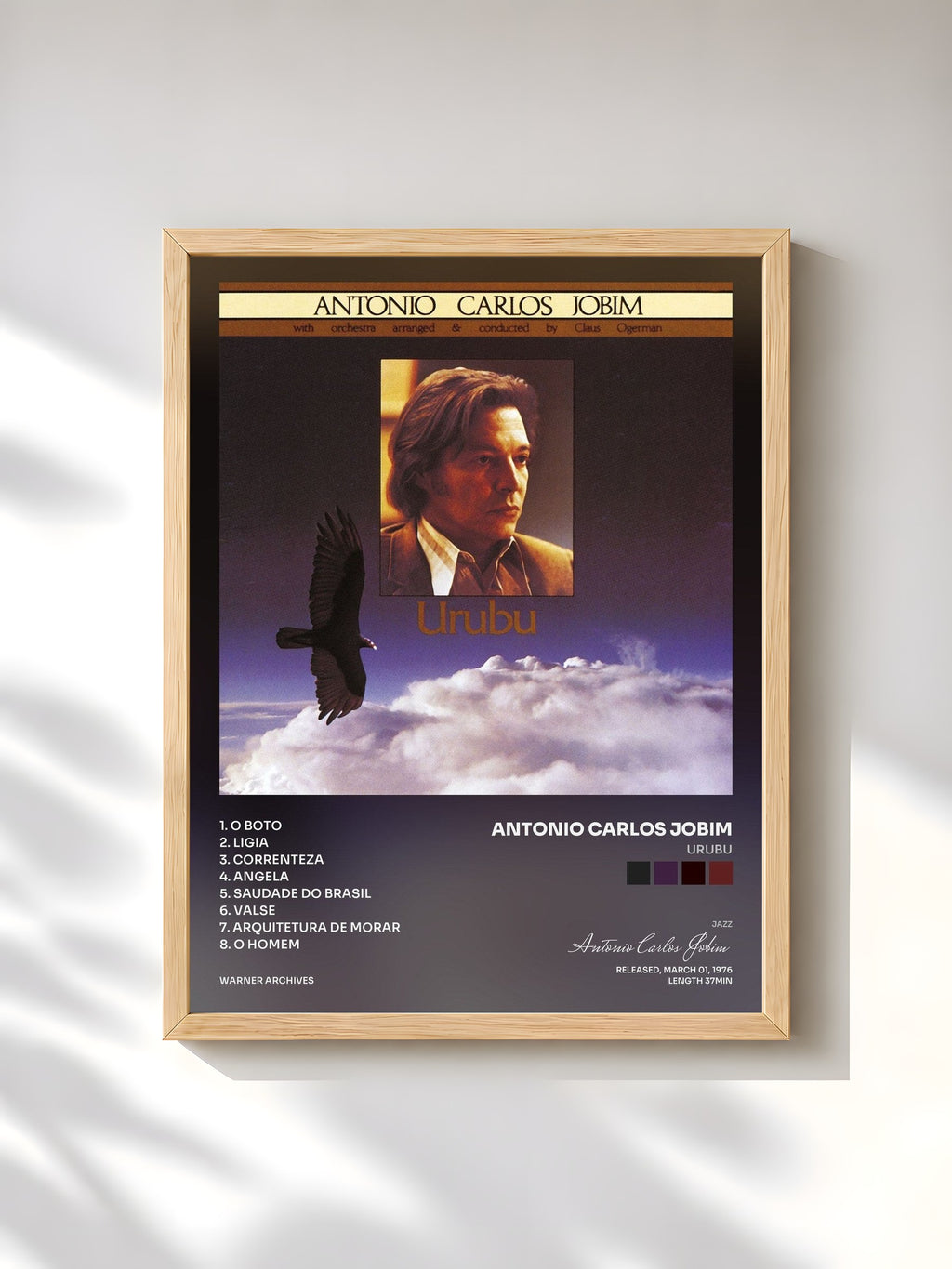 #bois Tableau de l'album Urubu de Antonio Carlos Jobim, cadre en bois brut, imprimé et encadré en France