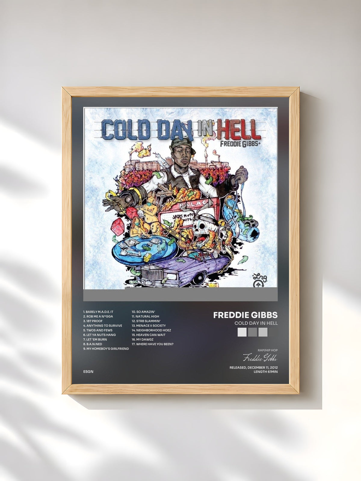 #bois Tableau de l'album Cold Day In Hell de Freddie Gibbs, cadre en bois brut, imprimé et encadré en France