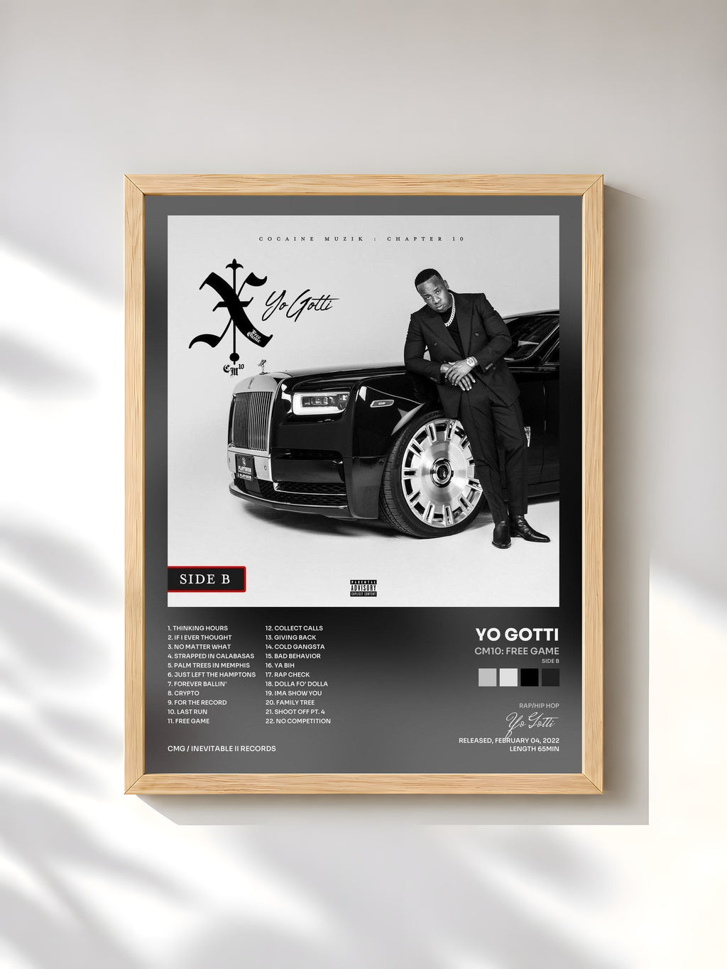#bois Tableau de l'album CM10: Free Game (Side B) de Yo Gotti, cadre en bois brut, imprimé et encadré en France