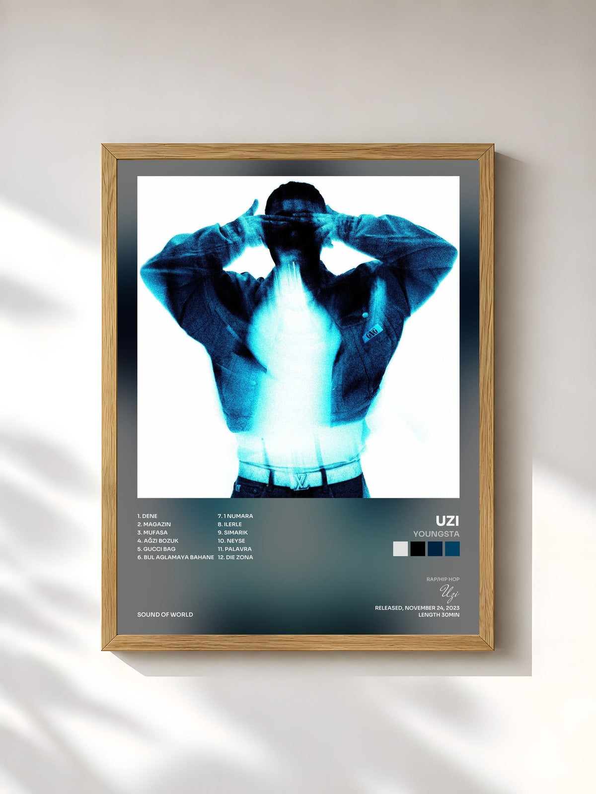 #bois Tableau de l'album YOUNGSTA de UZI, cadre en bois brut, imprimé et encadré en France