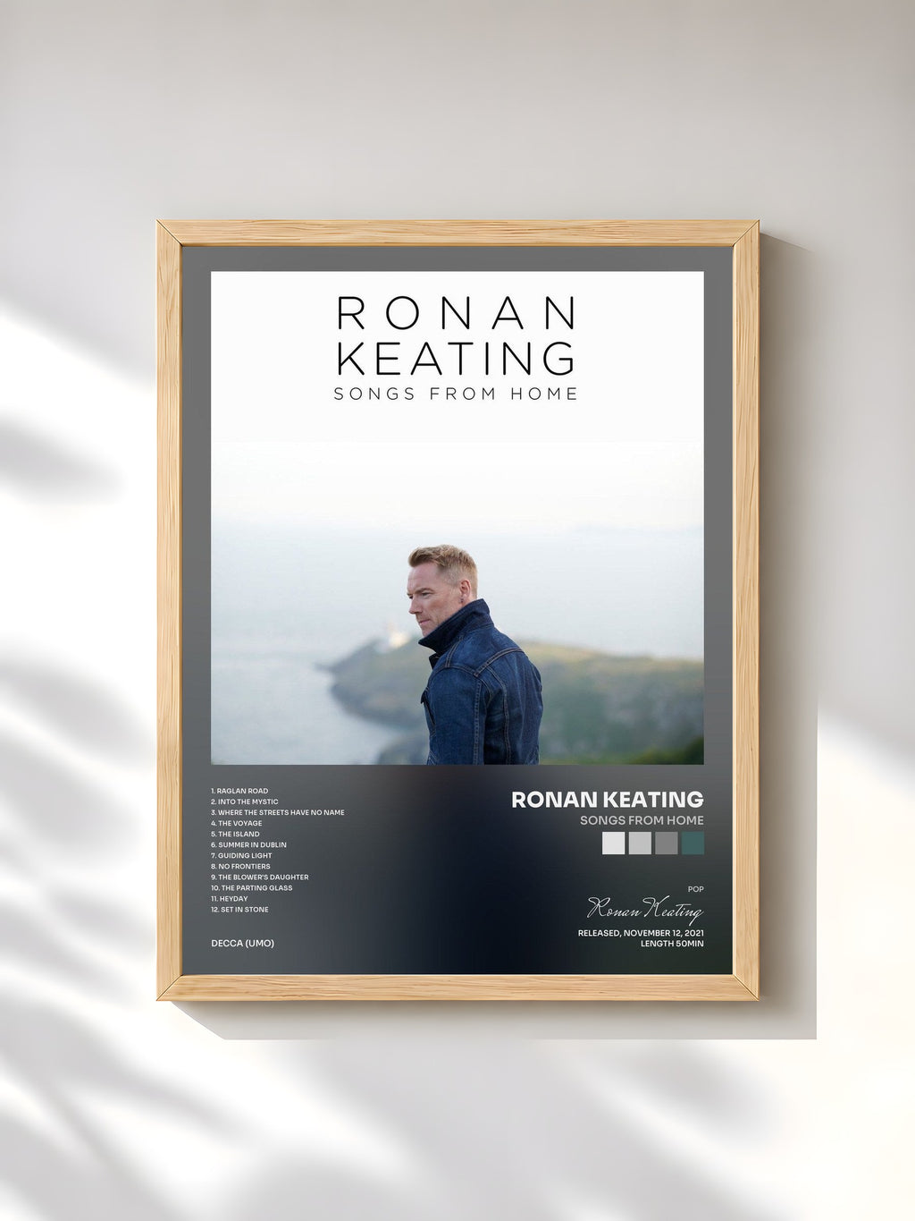 #bois Tableau de l'album Songs From Home de Ronan Keating, cadre en bois brut, imprimé et encadré en France