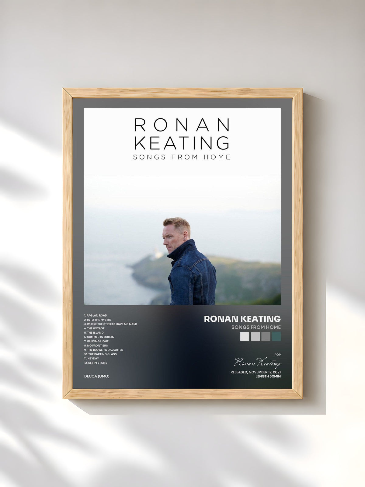 #bois Tableau de l'album Songs From Home de Ronan Keating, cadre en bois brut, imprimé et encadré en France