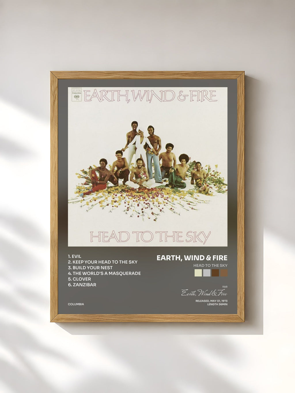 #bois Tableau de l'album Head To The Sky de Earth, Wind & Fire, cadre en bois brut, imprimé et encadré en France