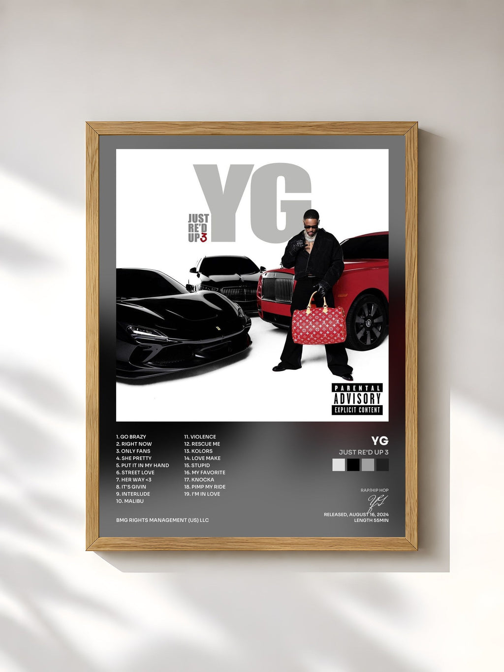 #bois Tableau de l'album JUST RE'D UP 3 de YG, cadre en bois brut, imprimé et encadré en France