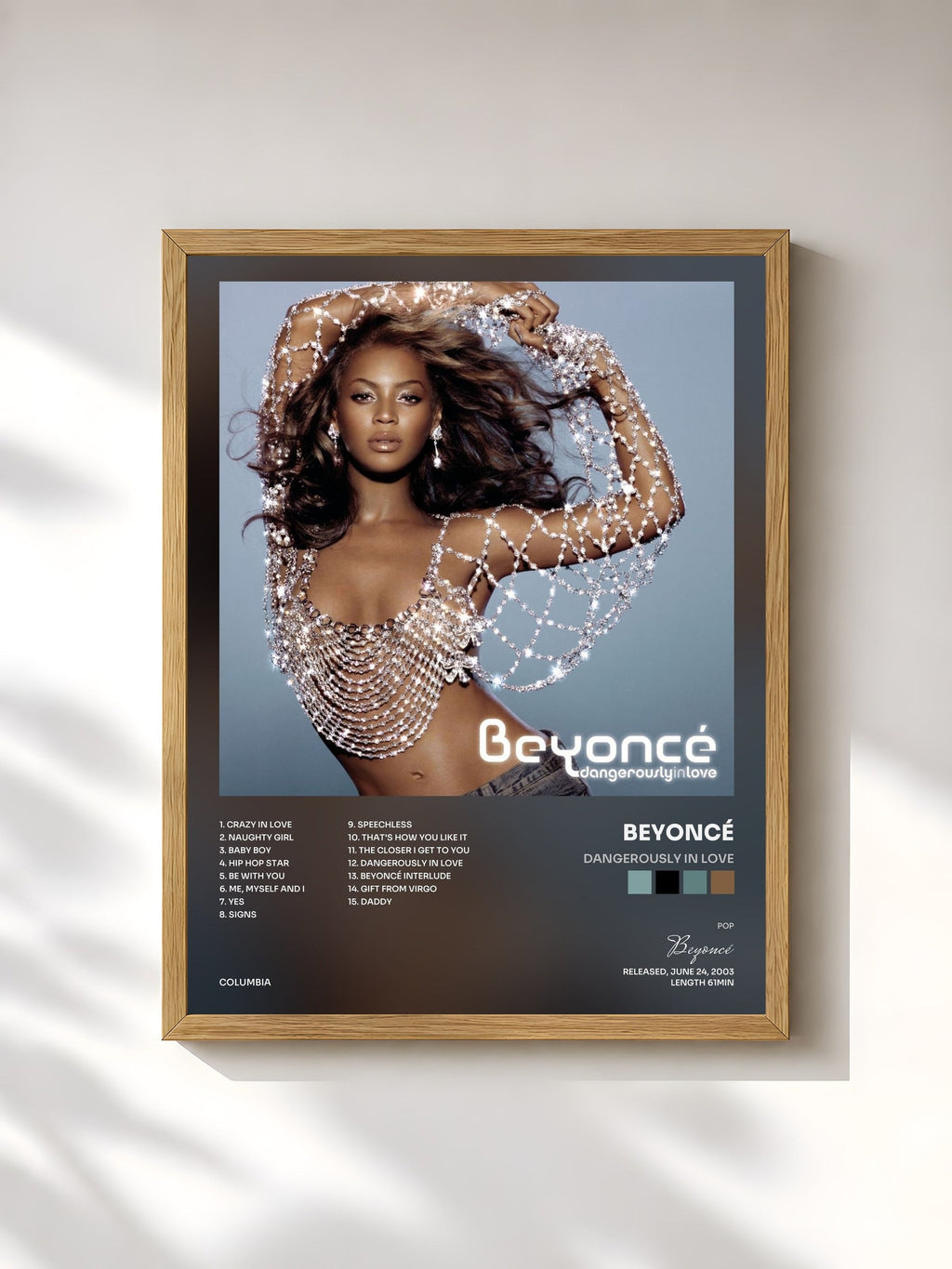 #bois Tableau de l'album Dangerously In Love de Beyoncé, cadre en bois brut, imprimé et encadré en France