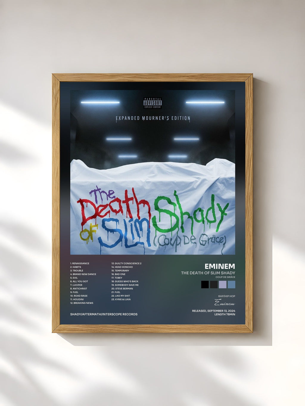 #bois Tableau de l'album The Death of Slim Shady (Coup De Grâce): Expanded Mourner’s Edition de Eminem, cadre en bois brut, imprimé et encadré en France