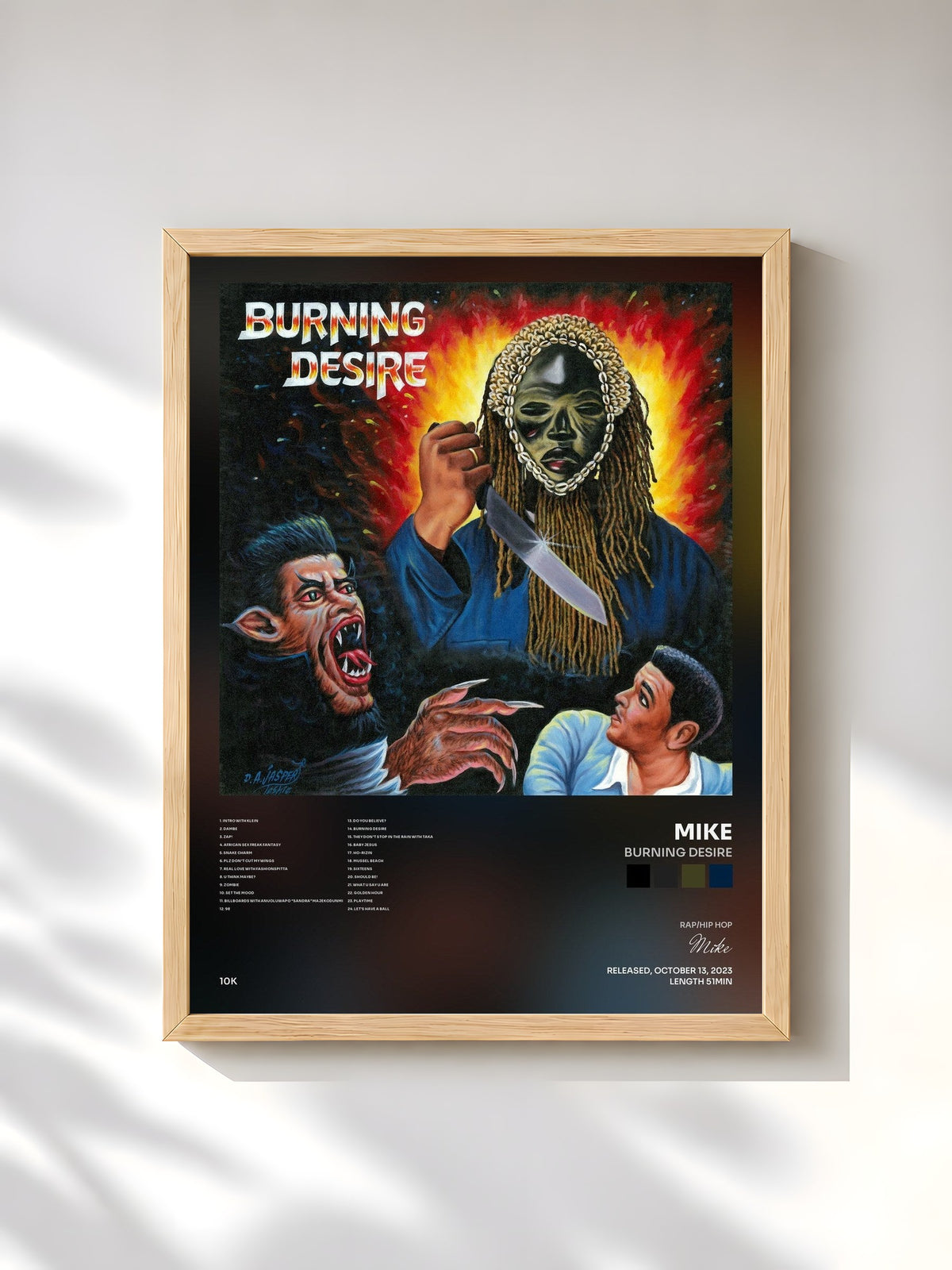 #bois Tableau de l'album Burning Desire de Mike, cadre en bois brut, imprimé et encadré en France
