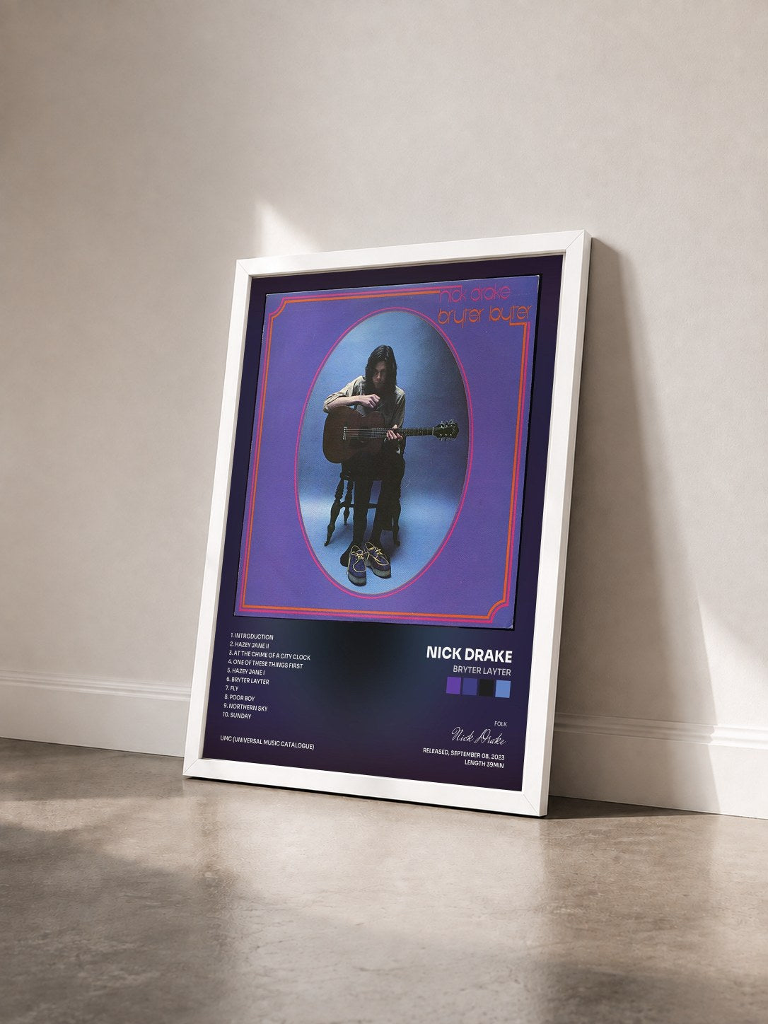 #blanc Tableau de l'album Bryter Layter de Nick Drake vu de trois quarts, cadre blanc
