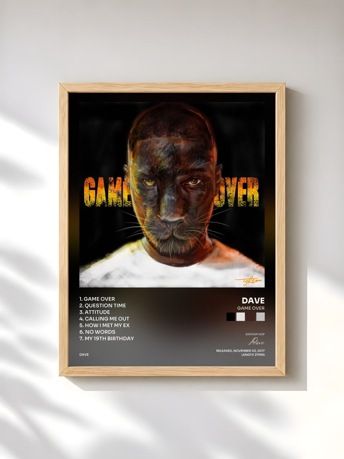#bois Tableau de l'album Game Over de Dave, cadre en bois brut, imprimé et encadré en France