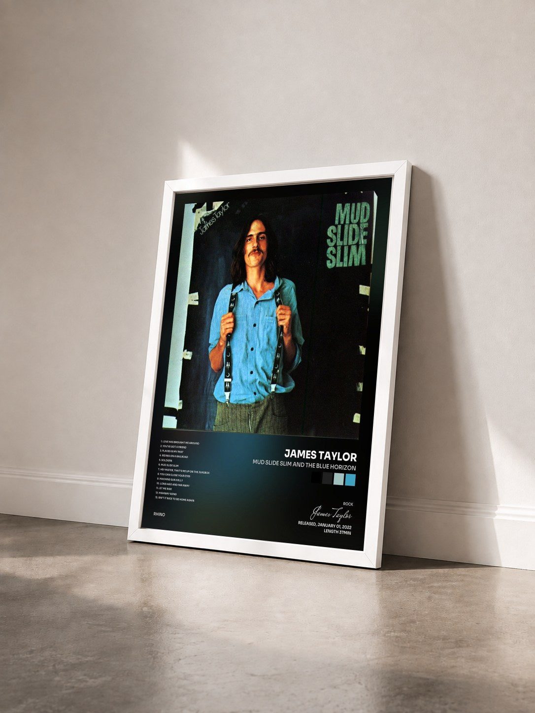 #blanc Tableau de l'album Mud Slide Slim and the Blue Horizon de James Taylor vu de trois quarts, cadre blanc
