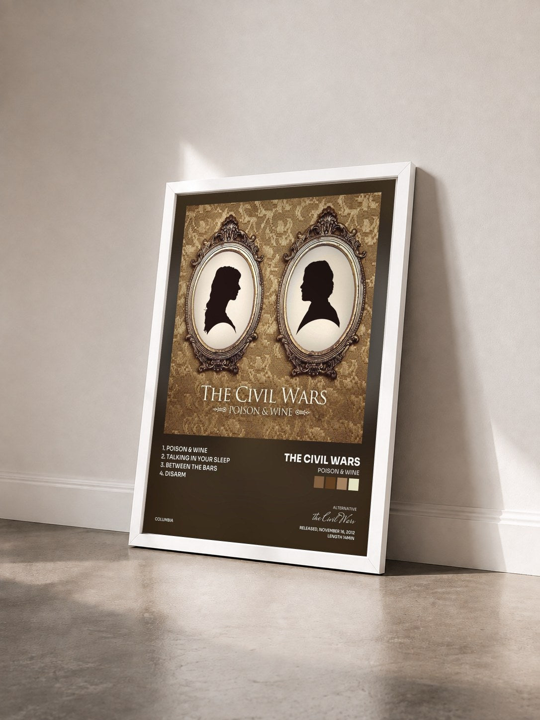 #blanc Tableau de l'album Poison & Wine de the Civil Wars vu de trois quarts, cadre blanc