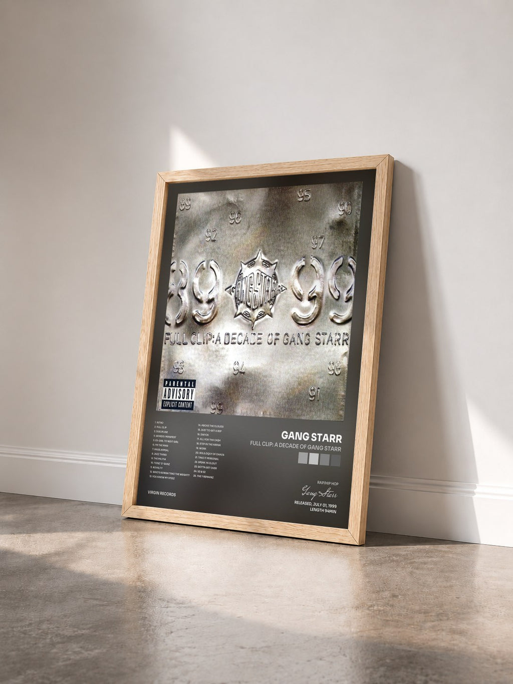 #bois Tableau de l'album Full Clip: A Decade Of Gang Starr de Gang Starr vu de trois quarts, cadre en bois brut