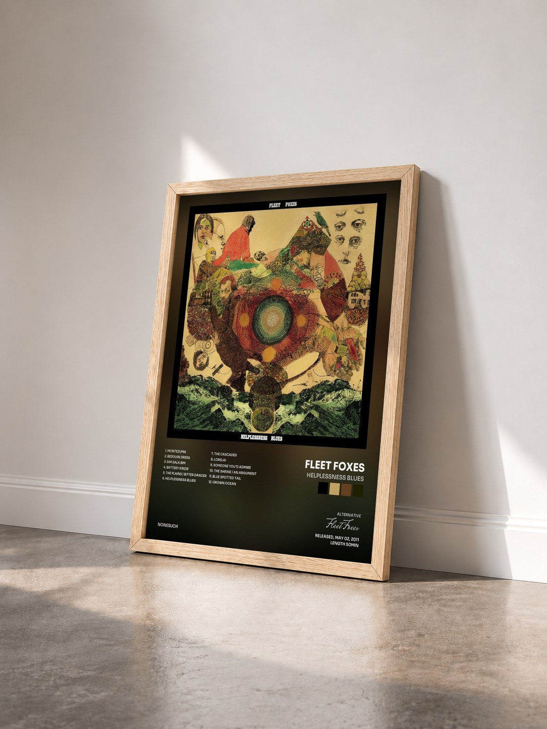 #bois Tableau de l'album Helplessness Blues de Fleet Foxes vu de trois quarts, cadre en bois brut