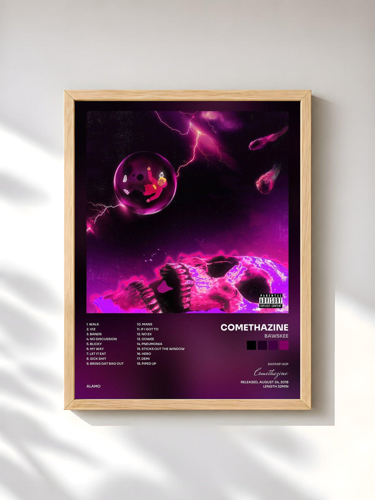 #bois Tableau de l'album Bawskee de Comethazine, cadre en bois brut, imprimé et encadré en France