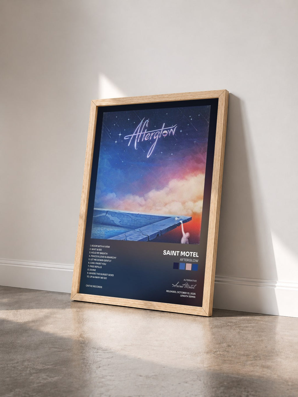 #bois Tableau de l'album Afterglow de Saint Motel vu de trois quarts, cadre en bois brut