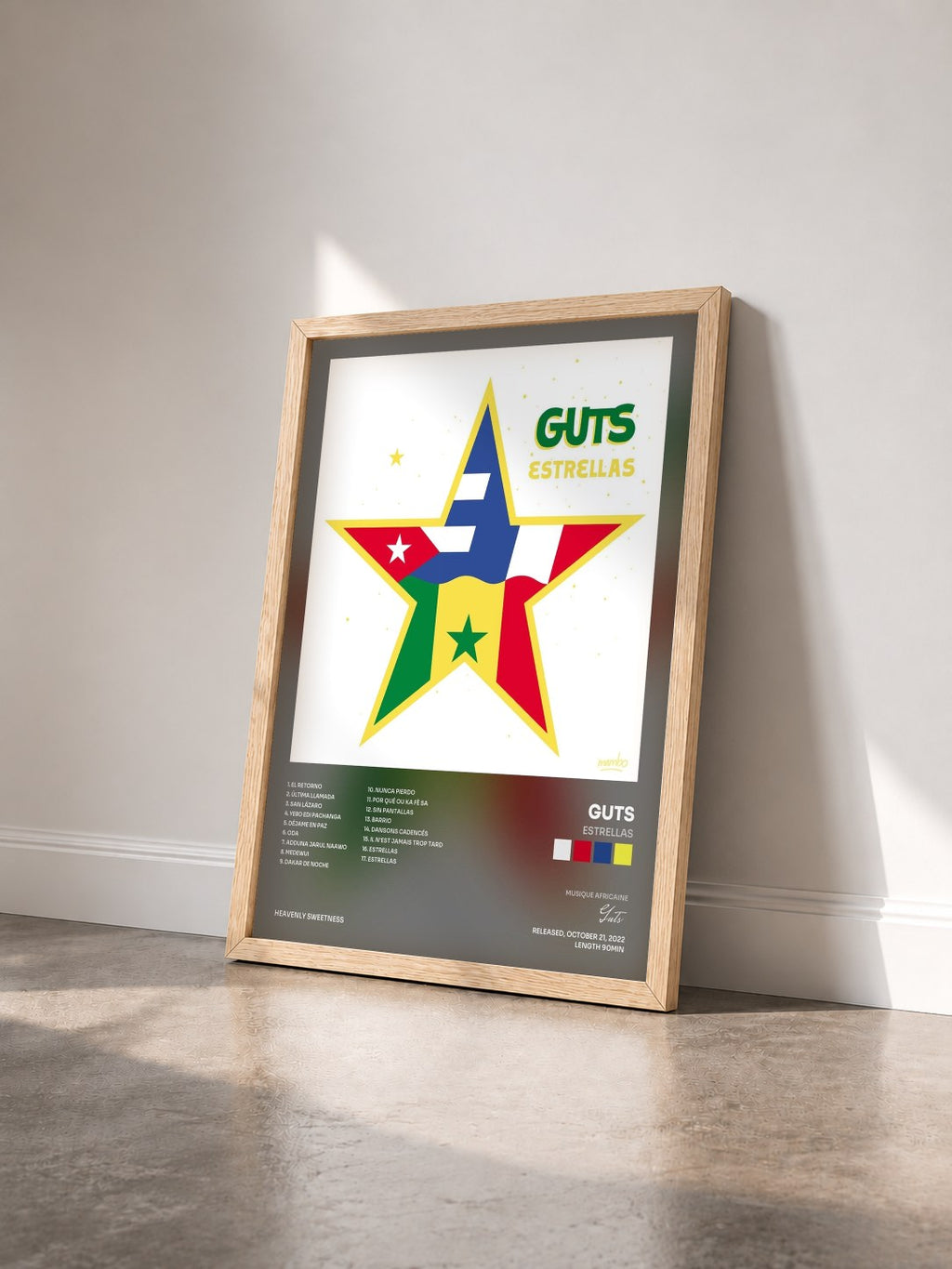#bois Tableau de l'album Estrellas de Guts vu de trois quarts, cadre en bois brut