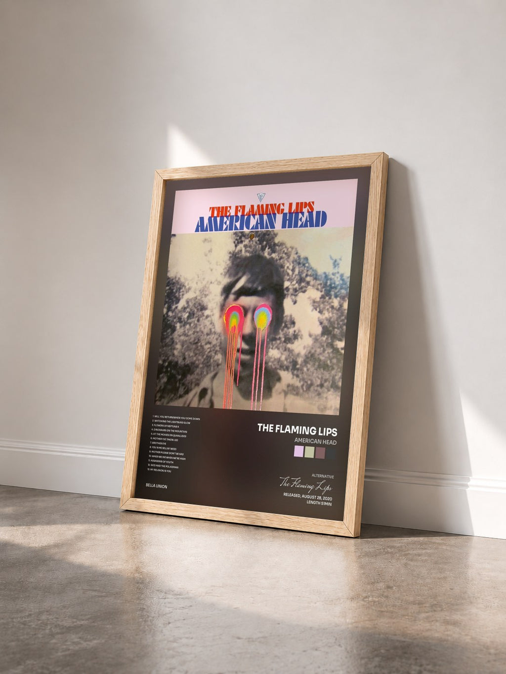 #bois Tableau de l'album American Head de The Flaming Lips vu de trois quarts, cadre en bois brut