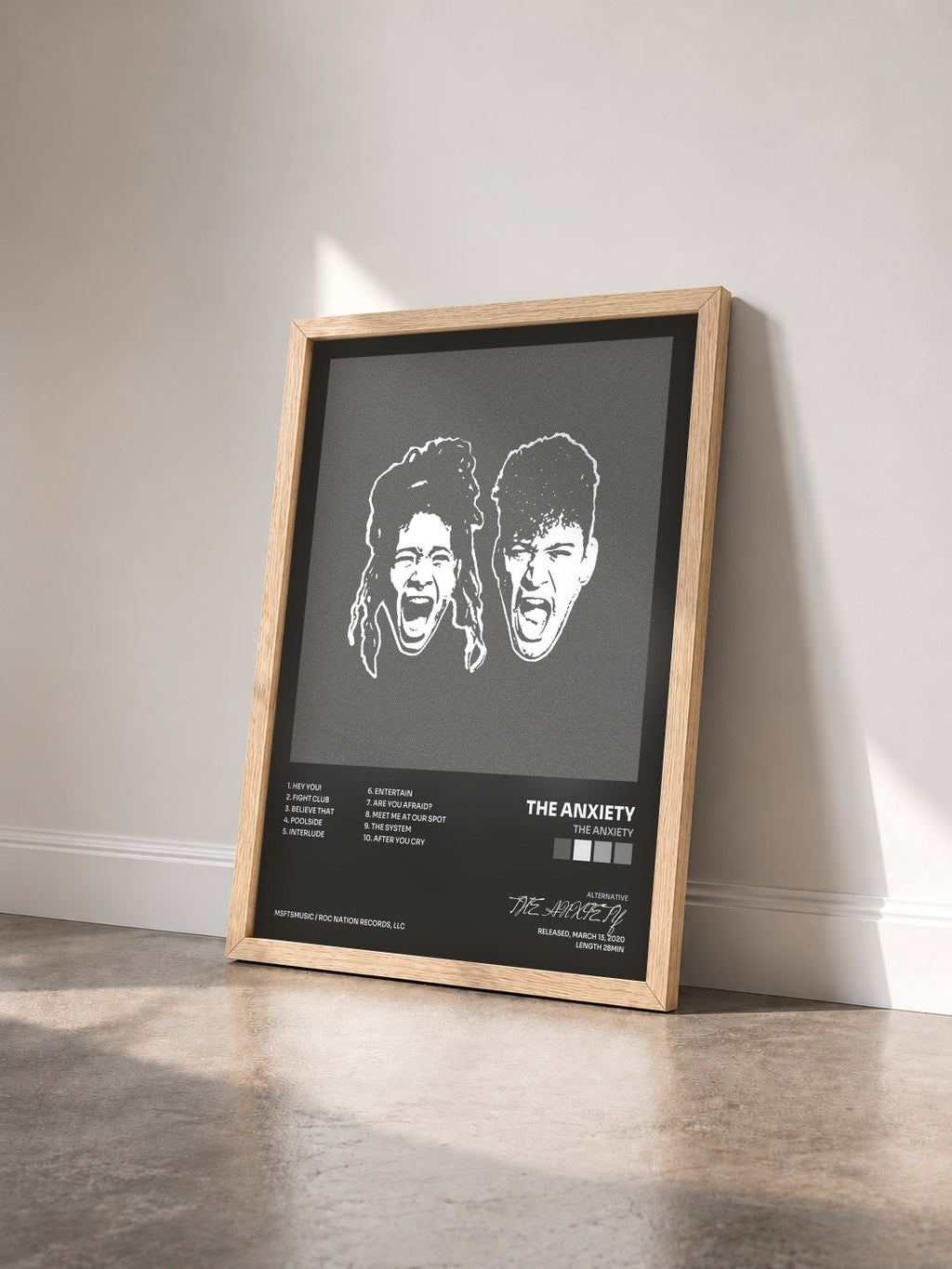 #bois Tableau de l'album THE ANXIETY de THE ANXIETY vu de trois quarts, cadre en bois brut
