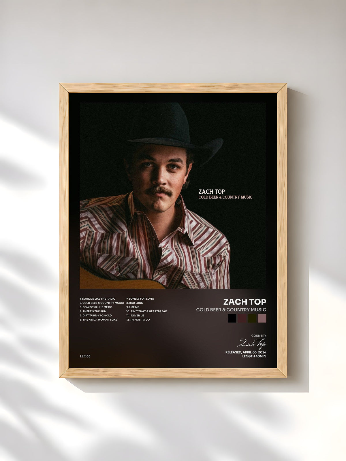 #bois Tableau de l'album Cold Beer & Country Music de Zach Top, cadre en bois brut, imprimé et encadré en France