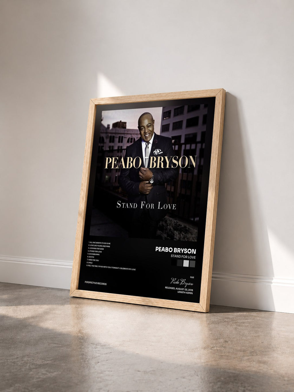 #bois Tableau de l'album Stand For Love de Peabo Bryson vu de trois quarts, cadre en bois brut