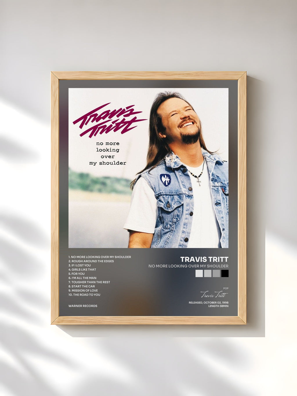 #bois Tableau de l'album No More Looking Over My Shoulder de Travis Tritt, cadre en bois brut, imprimé et encadré en France