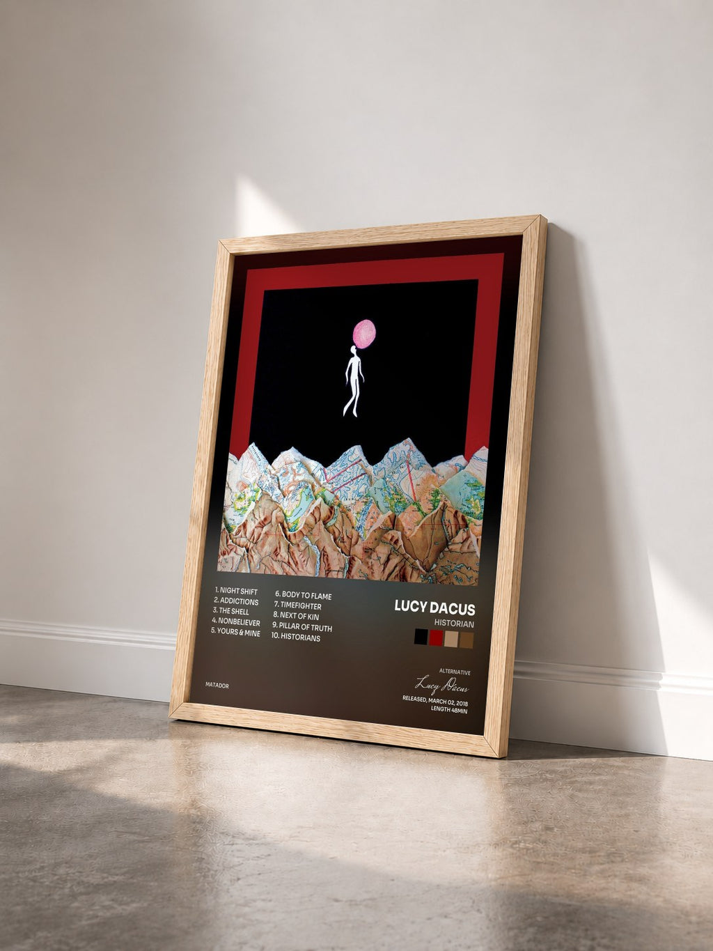 #bois Tableau de l'album Historian de Lucy Dacus vu de trois quarts, cadre en bois brut